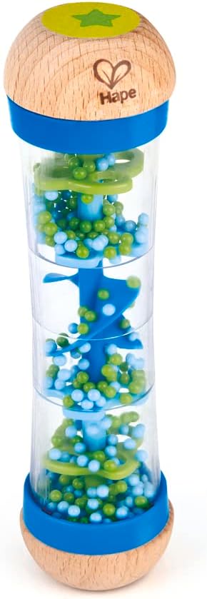 Hape Beaded Raindrops | Mini Wooden Musical Shake & Rattle Rainmaker Toy, Blue, Model Number: E0328B