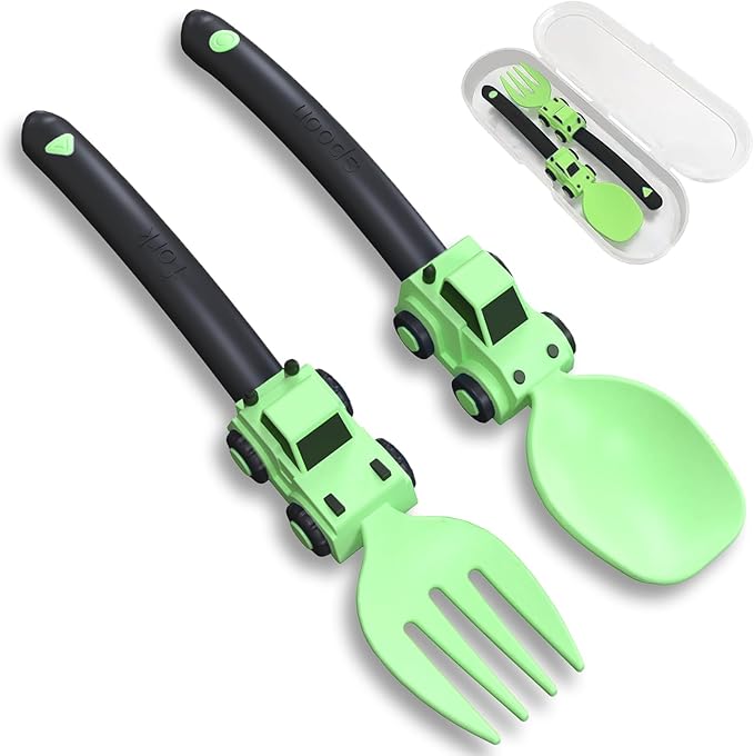 Construction Toddler Utensils - Toddler Forks and Spoons - Kids Spoon and Fork Set - Suitable for Kids Utensils - Baby Utensils, Portable Utensils Set for 1 2 3 4 5 year old Toddlers, Green