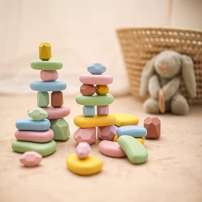 OESSUF 34PCs Stacking Rocks Balancing Stacking Stones Wooden Stacking Toys Wooden Stone Stacking Game for Toddler Wood Sorting Montessori Stacking Rocks for Kids