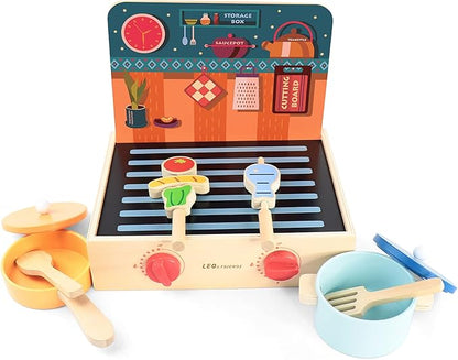 Leo & Friends 2-in-1 Mini Kitchen Wooden Play Set with 15-Pieces - Play-Pretend Toddler Toy for Girls and Boys Aged 24-Months and Older - Educational Kids Toy