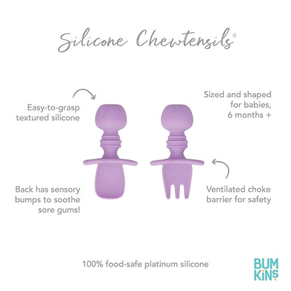 Bumkins Baby Utensils Set, Chewtensils Silicone Spoons for Dipping, Self-Feeding, Baby Led Weaning, Trainer Learning, First Stage Eating, Soft Practice Fork and Spoon, Babies 6 Months, Lavender