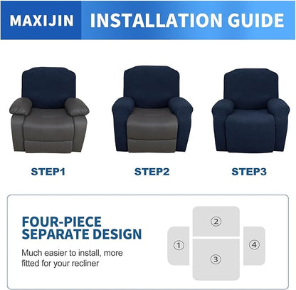 MAXIJIN Recliner Cover Slipcovers for Living Room 4 Pieces Stretch Jacquard Recliner Chair Cover Soft Fitted Recliner Protector with Elastic Bottom for Kids, Pets (Recliner, Navy Blue)