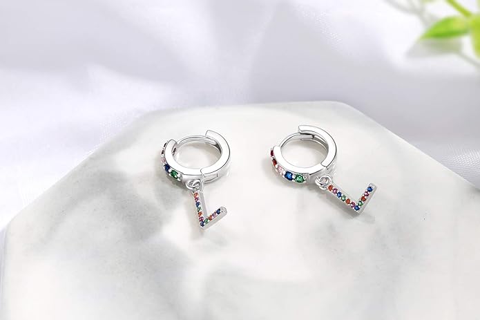 Presentski Initial Earrings 925 Sterling Silver Colorful Huggie Small Hoop Earrings Rainbow CZ Drop Dangle Simple Alphabet Earrings S925 Hypoallergenic Earring Letter A-Z for Daughter Women