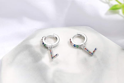 Presentski Initial Earrings 925 Sterling Silver Colorful Huggie Small Hoop Earrings Rainbow CZ Drop Dangle Simple Alphabet Earrings S925 Hypoallergenic Earring Letter A-Z for Daughter Women