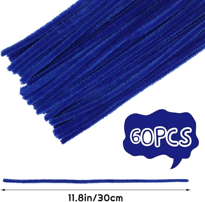 60 Blue Pipe Cleaners, Chenille Stem Craft Supplies for Creative Home Decoration Projects