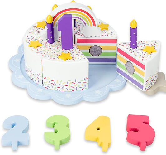 Pretend Play Food for Toddlers 1-3,Wooden Birthday Fake Cake with Candles and Numbers,Tea Party Learning Kitchen Gift Toys for Boys Girls (Rainbow Cake)