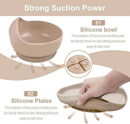 Baby Feeding Tableware Set Silicone Tray and Bowl with Suction Cup Baby Weaning Supplies Adjustable Waterproof Bib Learning Cup and 2 Spoons 2 Forks 8-Piece Set（Apricot）