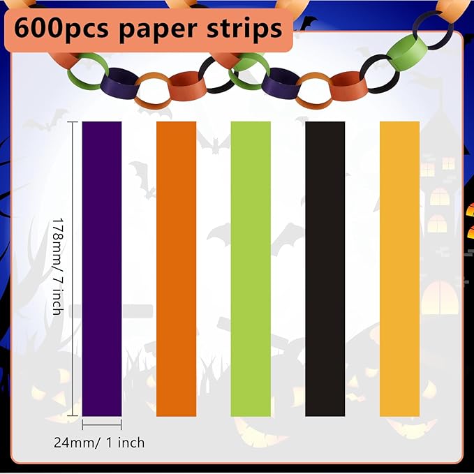 CHRORINE 600Pcs Colorful Paper Chains Strips for Birthday Party Decorations DIY Crafts Supplies (Black Orange Purple Green Yellow, 1 x 7.08 inches)