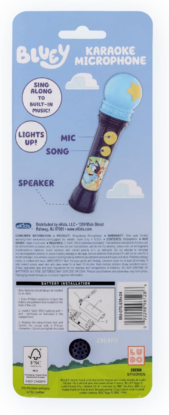 eKids Bluey Microphone Toy for Toddlers, Includes Built-in Music and Lights, Designed for Fans of Bluey Toys