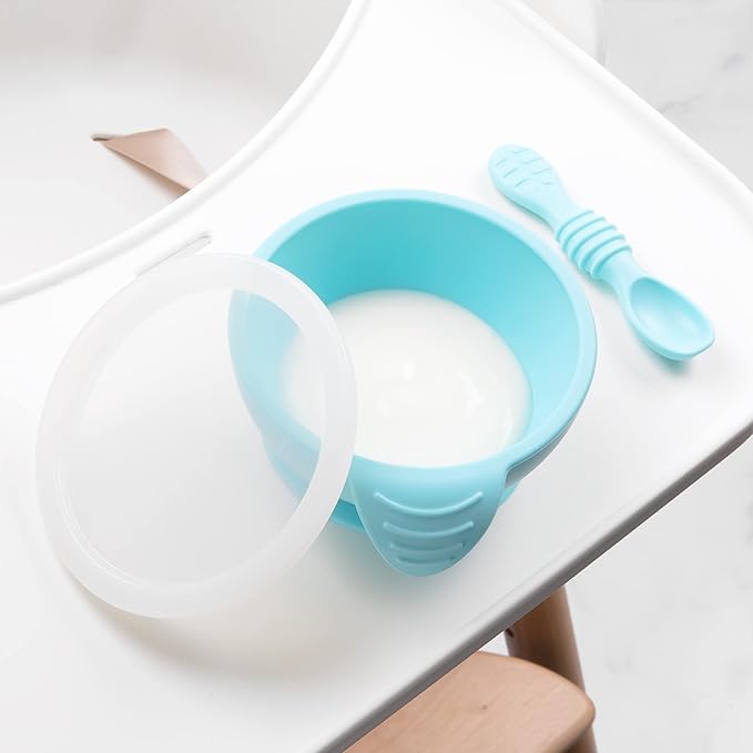 Bumkins Baby Bowl, Silicone Baby Feeding Set with Suction for Baby and Toddler, Includes Spoon and Lid, First Feeding Set, Essential for Baby Led Weaning for Babies 4 Months, Blue