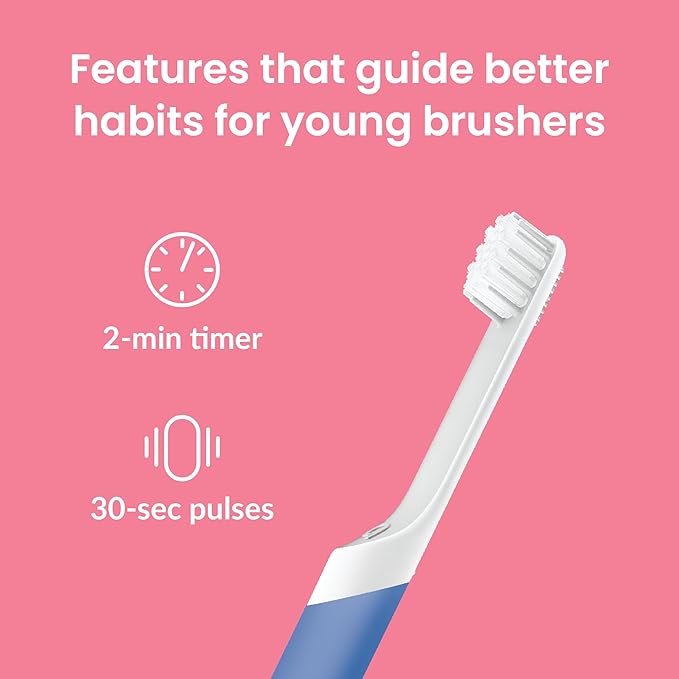 Quip Sonic Toothbrush for Kids with Timer - Includes Extra Brush Head and Travel Cover Mount - Electric, Soft Bristle Refill Head, Rubber Handle, 3 Month Battery Life - Travel Toothbrush - Blue
