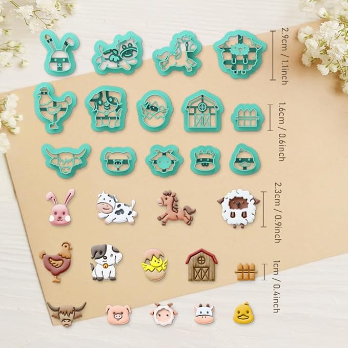 ORIGACH 14 Pcs Farm Animal Clay Cutters, Animal Shape Polymer Clay Cutter for Earring Making, Cow Rabbit Chicken Pig Lion Farm House Clay Cutters for Jewelry Making