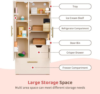 Play Refrigerator for Kids, Wooden Play Fridge with Ice Maker, Pretend Playset Toy Kitchen Sets for Toddlers