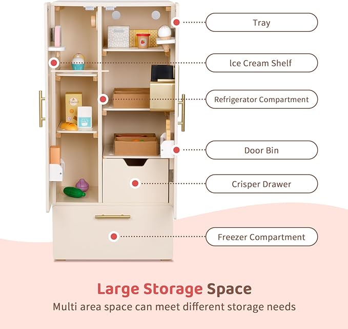 Play Refrigerator for Kids, Wooden Play Fridge with Ice Maker, Pretend Playset Toy Kitchen Sets for Toddlers