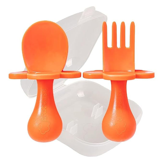 Grabease Baby Fork and Spoon Set for Babies & Toddlers - BPA-Free & Phthalate-Free Self-Feeding Cutlery - Orange Toddler Utensils