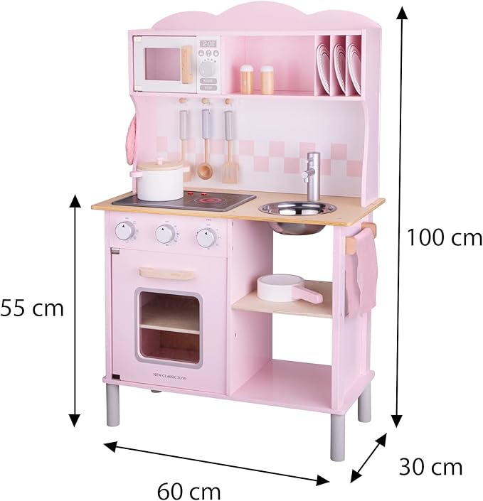 New Classic Toys Wooden Pretend Toy Kitchen for Kids Role Play Included Accessoires Pink Colored - Makes Sound