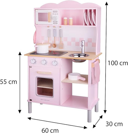 New Classic Toys Wooden Pretend Toy Kitchen for Kids Role Play Included Accessoires Pink Colored - Makes Sound