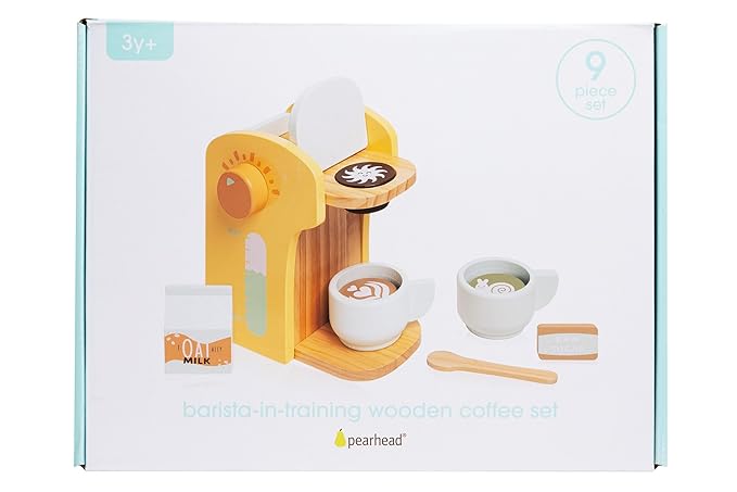 Pearhead Barista in Training Montessori Toy Coffee Maker, Wooden Pretend Play Toy Set for Developmental Learning, Play Kitchen Set for Toddlers Ages 3+ Years, 9 Piece Wooden Play Toy Set