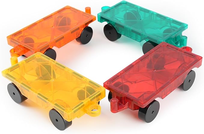 Magnetic Tiles Car Building Kit for Toddlers, 4 PCS Magnet Construction Trucks, STEM Toys for 3-8 Year Old Boys Girls, Educational Vehicle Engineering Set