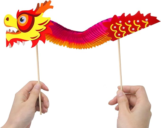 2 Pack Chinese New Year Paper Dragon Decorations, Chinese Paper Handheld Dancing Dragon Toy, DIY 3D Chinese Paper Dragon Garland for Spring Festival Party Supplies