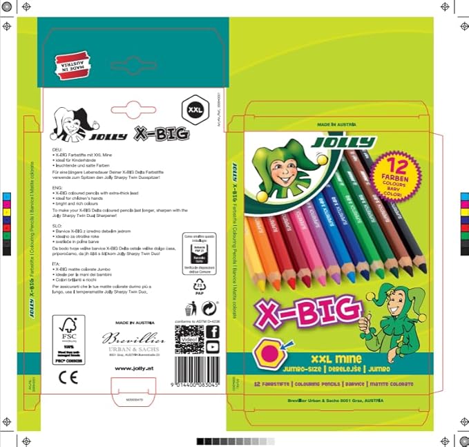 JOLLY X-Big Jumbo Colored Pencils; Set of 12, Perfect for Special Needs, Art Therapy, Early Learners