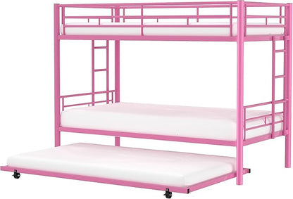 VECELO Twin Over Twin Bunk Bed with Trundle, Convertible Metal Bunkbeds with 2 Ladders and Guardrails, Space Saving, No Box Spring, Pink