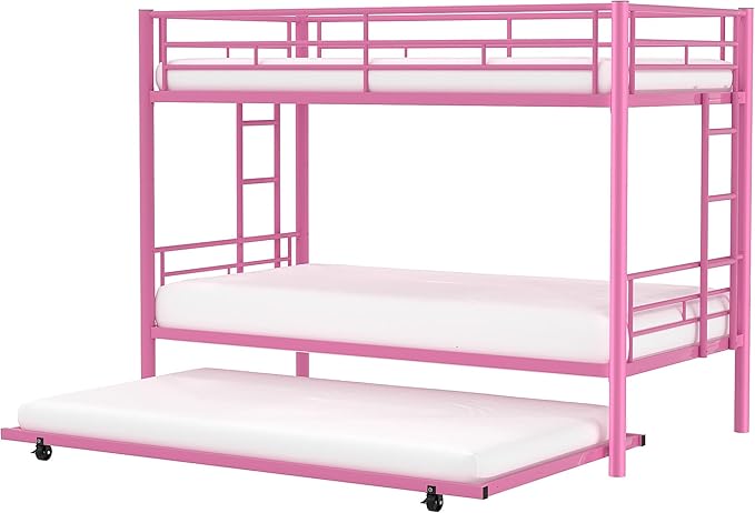 VECELO Twin Over Twin Bunk Bed with Trundle, Convertible Metal Bunkbeds with 2 Ladders and Guardrails, Space Saving, No Box Spring, Pink