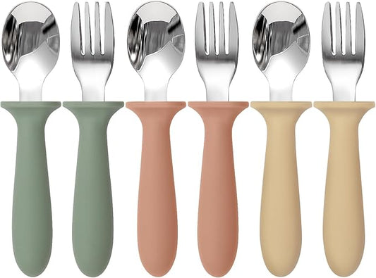 6 Pack Toddler Utensils, kids Silverware with Silicone Handle, 18/8 Stainless Steel Children Safe Spoons and Forks Set Baby Feeding Essentials, Dishwasher Safe