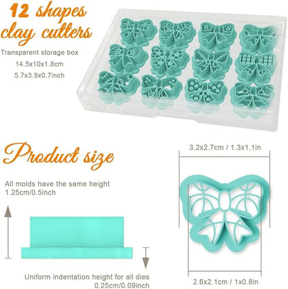 ORIGACH 12 Pcs Bow Shape Polymer Clay Cutters, Bow with Sports Ball Pattern Design Clay Cutters for Polymer Clay Jewelry Earrings with a Clear Storage Box