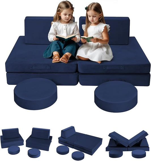 MeMoreCool Modular Kids Couch for Playroom, Navy Foam Play Couch for Toddlers, Building Fort Explorer Sofa