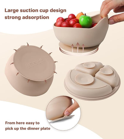 ECLIP Silicone Baby Feeding Set, 10 Pcs Baby Led Weaning Supplies with Suction Bowl Divided Plate Adjustable Bib Soft Spoon Fork Snack Cup with Lid Drinking Cup, Utensil (Beige)