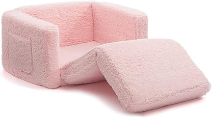 ALIMORDEN 2-in-1 Flip Out Cuddly Sherpa Toddler Couch Convertible Sofa to Lounger, Pink