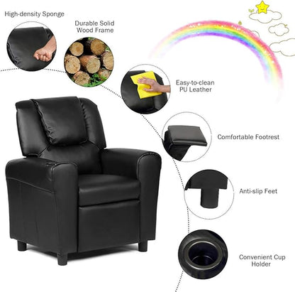 Costzon Kids Recliner Chair with Cup Holder, Toddler Furniture Children Armrest Sofa w/Headrest & Footrest for Girls Boys Baby Bedroom, Kids Room, PU Leather Kids Recliner Couch (Black)