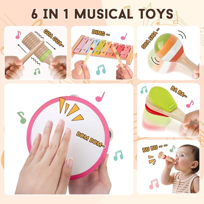 Baby Musical Instruments for Girls-Montessori Wooden Toys for Toddlers 1-3,Percussion Instruments Set with Xylophone Preschool Educational 3+ Christmas Birthday Gift for 1 2 3 Year Girl (Pink)