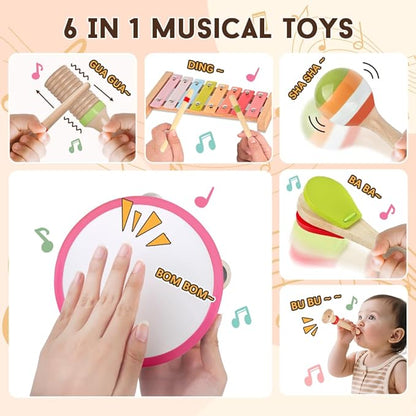 Baby Musical Instruments for Girls-Montessori Wooden Toys for Toddlers 1-3,Percussion Instruments Set with Xylophone Preschool Educational 3+ Christmas Birthday Gift for 1 2 3 Year Girl (Pink)