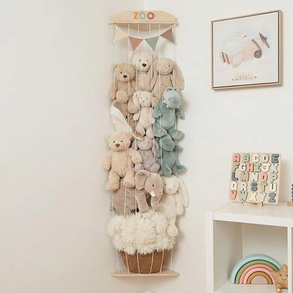 Stuffed Animal Storage Zoo with Decorative Muslin Garland - Cute Wooden Toy Storage Organizer for Kids Playroom or Nursery - Clever and Easy to Assemble Corner Wall Holder Maximizes Small Spaces