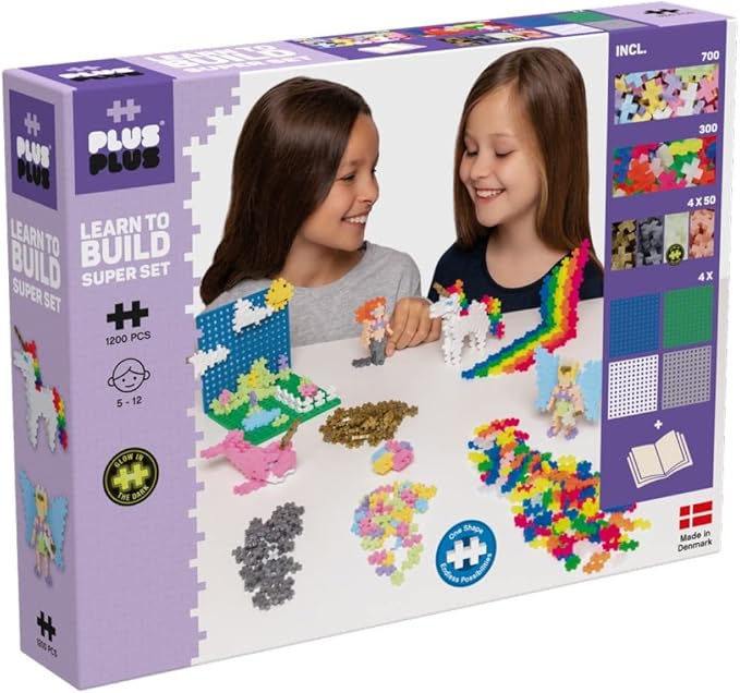 Plus-Plus - Learn to Build Super Set - Pastel Mix, 1,200 Pieces w/ 4 Baseplates - Construction Building Stem/Steam Toy, Interlocking Mini Puzzle Blocks for Kids