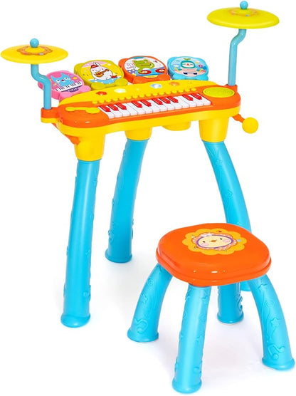 Costzon 24-Key Kids Piano Keyboard Toy, Toddler Electronic Musical Instrument Educational Toy w/Microphone, Multiple Sounds, Record Playback, Lights & Stool, Birthday Gift for Girls Boys Age 3+, Blue