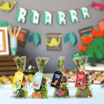 MOVINPE Dinosaur Party Favors 12 Pack 84 pcs Prefilled Goody Bags with Gift Tags, Filled with Dinosaur Themed Stampers Luminous Dinos Figure Slap Bracelets Keychains Rings 3D Stickers for Kids