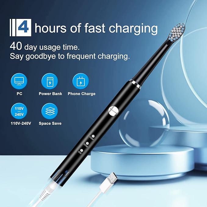 Electric Toothbrush, with 8 Replacement Brush Heads and 1 Travel Box,Sonic Toothbrush for Adults and Kids,Portable Rechargeable Toothbrush for Travel (Black)