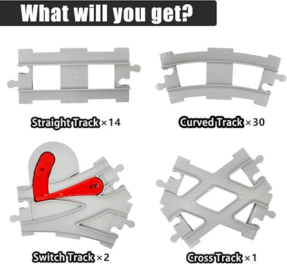 47-Piece Train Track Set,Classic Railway Tracks with 30 Curved Tracks,14 Straight Tracks,2 Switch Tracks,and 1 crossover track- Compatible with All Major Brands,Light Grey Toy Track Accessory for Kids