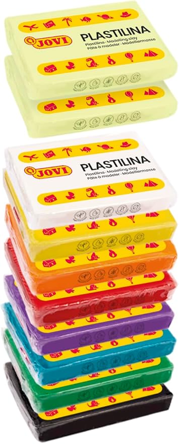 Jovi - Glow in The Dark, Non Drying Modeling Clay, Endlessly Reusable Plasticine, Set of 10 Bars (8 Basic Color + 2 Glow in The Dark), Each 1.75oz, for Arts and Crafts Projects