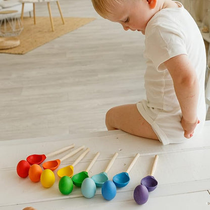 Ulanik Eggs and Spoons Toddler Montessori Toys for 1 Year Old + Kids Wooden Eggs Baby Matching Game for Learning Color Sorting and Counting — 12 pcs, 1.8 in