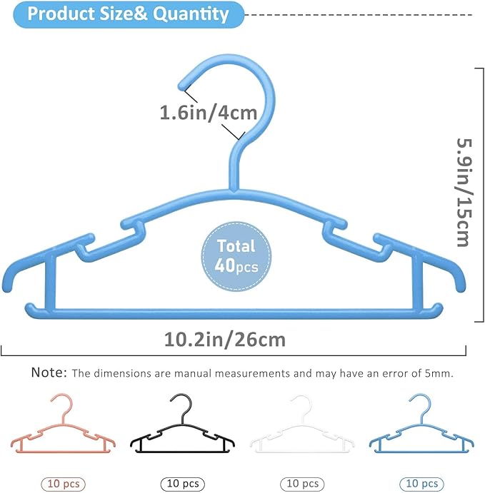 Baby Hangers 40Pcs, Kids Hangers, Plastic Hangers Non Slip, Clothes Hanger, Toddler Hangers, Infant Hangers, Child Hangers for Nursery, 40 Pcs, Blue White Pink Black