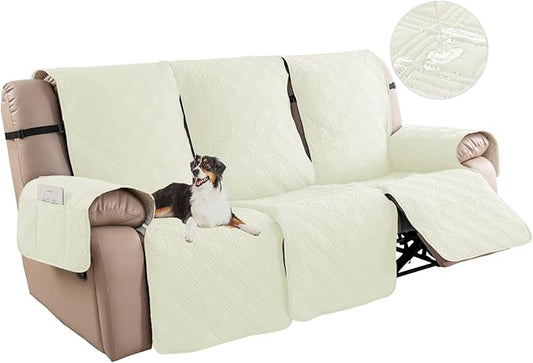 Easehomey Waterproof Recliner Sofa Cover,Non-Slip Reclining Sofa Covers for 3 Seat,Washable Reclining Sofa Cover Furniture Protector with Elastic Straps Pocket for Kids, Pets(Cream White,3Seat)