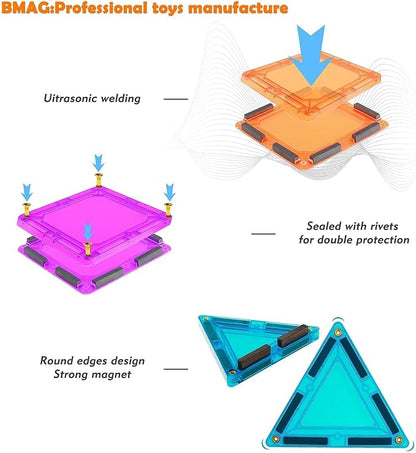 Bmag Magnetic Tiles, 120 PCS Magnetic Building Blocks, 3D Magnet Tiles for Kids Boys Girls, STEM Construction Building Set, Stacking Toys with 2 Car