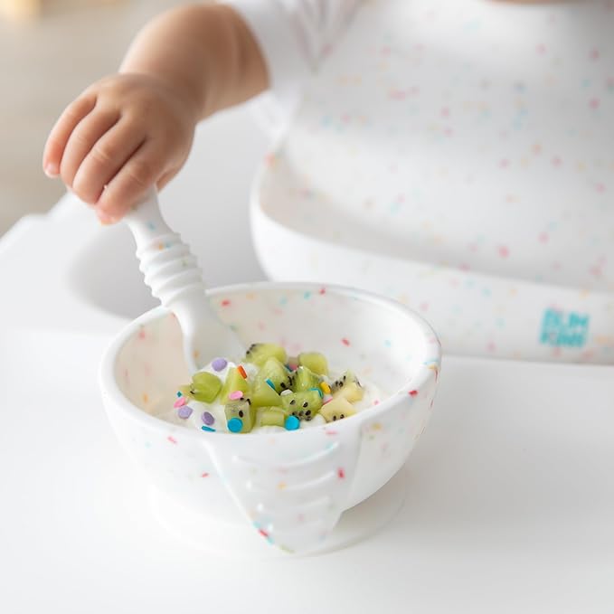 Bumkins Baby Bowls, Silicone Baby Feeding Set, Suction Bowls for Baby and Toddler with Spoon and Lid, First Feeding Set, Platinum Silicone Bowl for Babies 4 Months
