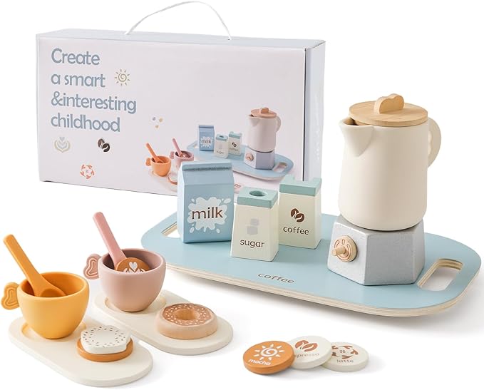 Tea Party Set for Kids- Wooden Tea Set for Little Girls and Boys |18 PCS Coffee Tea Set for Toddlers | Kids Play Kitchen Accessories Toy Pretend Play Toddler Tea Set with Silicone - Ideal Gift