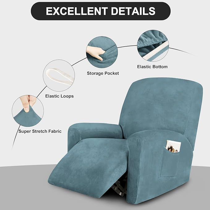 FestiCorp Recliner Chair Covers Real Velvet 4-Pieces Recliner Covers for Small Lazy Boy Recliner Chair Stretch Recliner Sofa Slipcovers Furniture Protector with Side Pocket&Elastic Bottom, Stone Blue