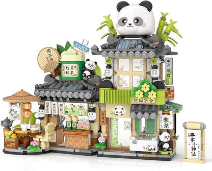 City Tea House Building Blocks Set, Openable Panda Construction Tea Shop Building Toys for Boys Girls Age 8+, 860pcs Mini Bricks (Not Compatible with Lego)